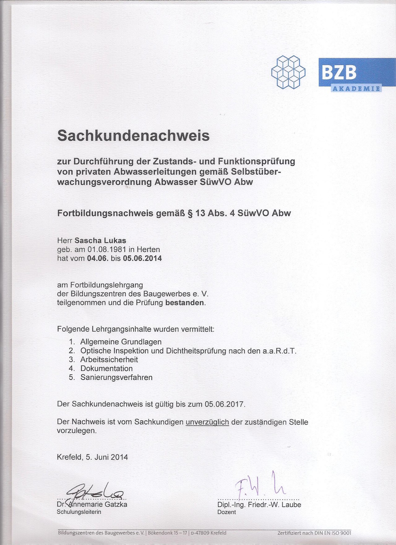 Zertifikat Sascha BZB 001